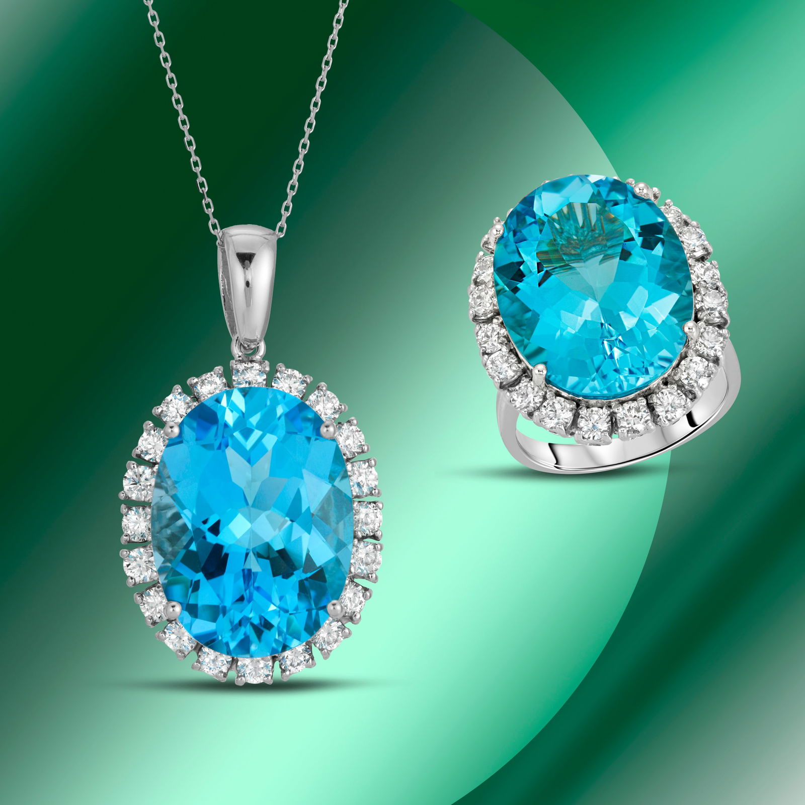 14K Gold Blue Topaz & Diamond Ring and Pendant Set (1 of 2)