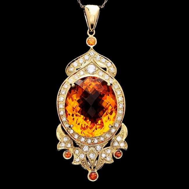 14k Gold 28ct Citrine 1.50ct Diamond Pendant (1 of 4)