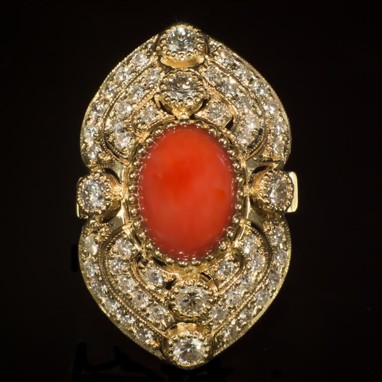 14K Gold 5.07ct Coral 2.72ct Diamond Ring: Retail: $16,105.00 ****** 14K Gold Coral & Diamond Ring ****** Metal: 14K Solid Gold / Total Item Weight: 12.3 grams / Country Made: United States / / Main Stone: Natural Coral / Color: Orangy Red / C