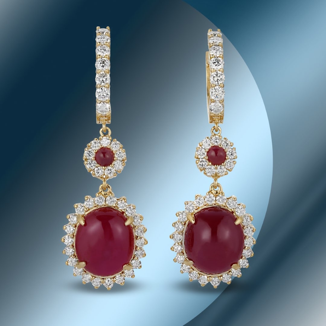 14K Gold 26.25cts Ruby & 3.26cts Diamond Earrings: Retail: $25,280***** 14K Gold 26.25cts Ruby & 3.26cts Diamond Earrings****** Metal: 14K Yellow Gold/ Total Wt.: 19.3g/ Country Made USA// Main Stone: Ruby / Carat Total Wt: 26.25cts / Treatment: