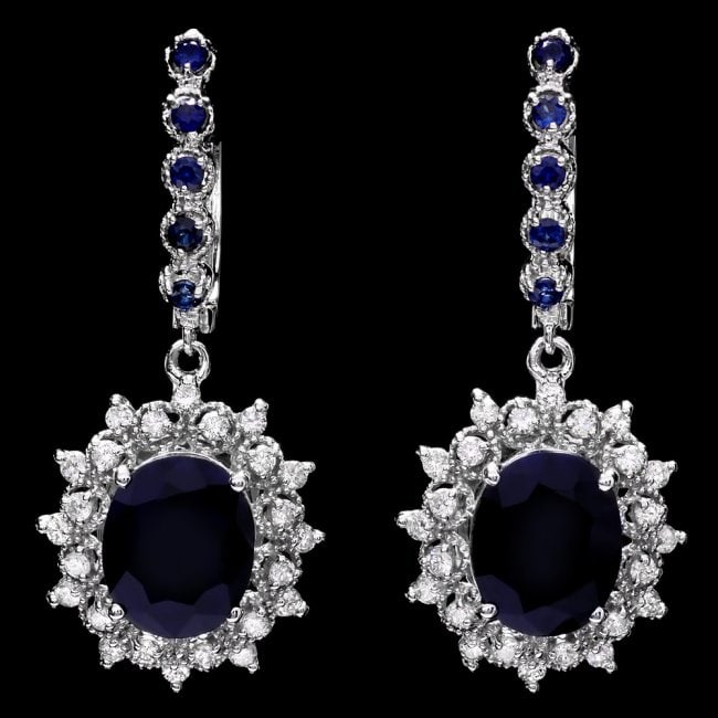 14k Gold 9.1ct Sapphire 0.96ct Diamond Earrings: Retail: $8,900.00 ****** 14k Gold 9.1ct Sapphire 0.96ct Diamond Earrings ****** Metal: 14k Solid White Gold / Total Item Weight: 9.5 grams / Country Made: United States / / Main Stone: Sapphire /