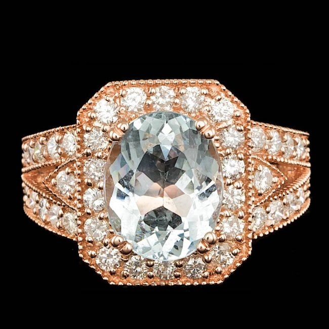 14k Rose 3.00ct Aquamarine 1.30ct Diamond Ring: Retail: $12,500.00 ****** 14k Rose 3.00ct Aquamarine 1.30ct Diamond Ring ****** Metal: 14k Solid Rose Gold / Size: 6.75 / Total Item Weight: 8.0 grams / Country Made: United States / / Main Stone: Aqu