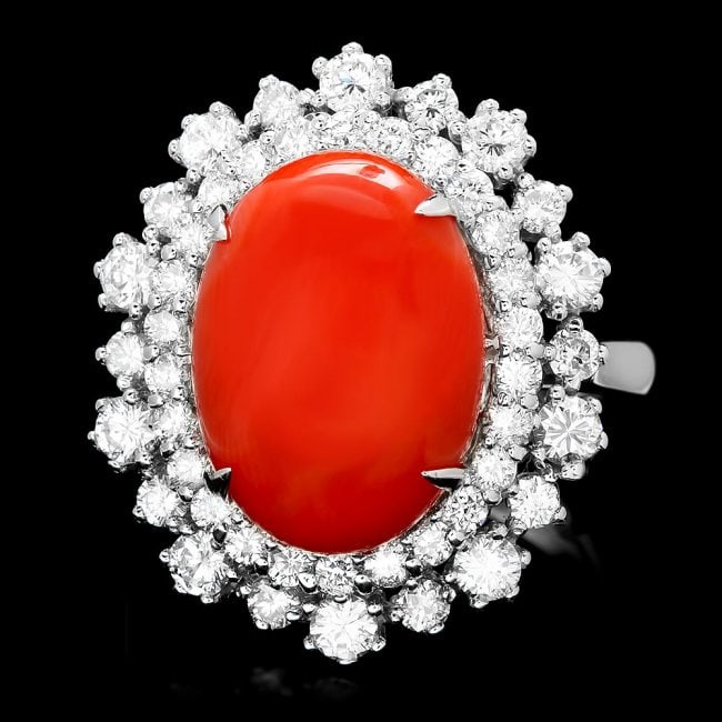 14k White Gold 5.50ct Coral 1.60ct Diamond Ring: Retail: $8,900.00 ****** 14k White Gold 5.50ct Coral 1.60ct Diamond Ring ****** Metal: 14k Solid White Gold / Size: 7 / Total Item Weight: 8.0 grams / Country Made: United States / / Main Stone: Coral