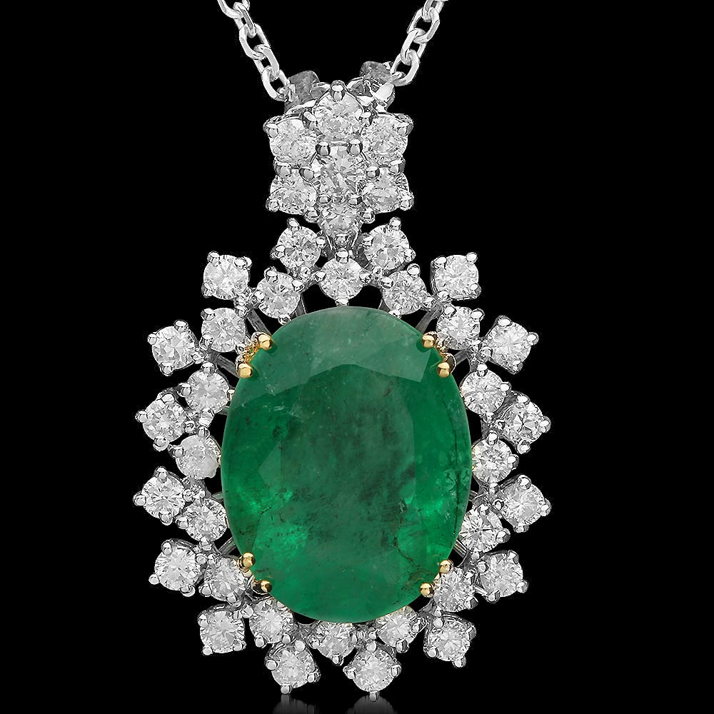14K Gold 7.50ct Emerald 1.70ct Diamond Pendant: Retail: $26,255.00 ****** 14K Gold 7.50ct Emerald 1.70ct Diamond Pendant ****** Metal: 14K Solid Gold / Total Item Weight: 10.6 grams / Country Made: United States / / Main Stone: Emerald / Color: Gre