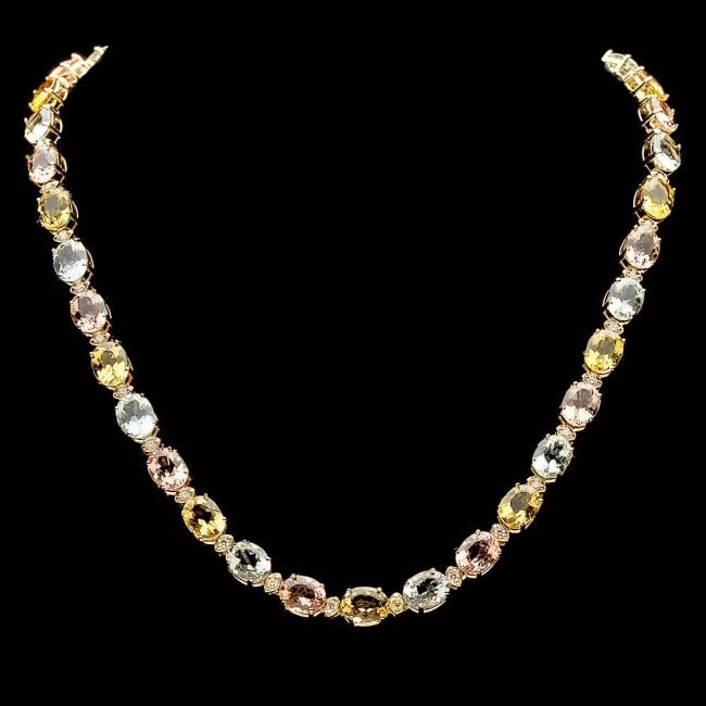 14k 60ctw Aqua Morganite Beryl Diamond Necklace: Retail: $42,600.00 ****** 14k 60ctw Aqua Morganite Beryl Diamond Necklace ****** Metal: 14k Solid Yellow Gold / Size: 17.5 / Total Item Weight: 41.1 grams / Country Made: United States / / Main Stone: