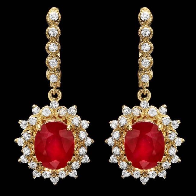 14k Gold 10.00ct Ruby 1.80ct Diamond Earrings: Retail: $8,200.00 ****** 14k Gold 10.00ct Ruby 1.80ct Diamond Earrings ****** Metal: 14k Solid Yellow Gold / Total Item Weight: 10.0 grams / Country Made: United States / / Main Stone: Ruby / Color: R