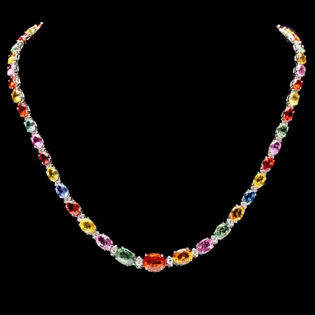 14k Gold 35ct Sapphire 1.30ct Diamond Necklace: Retail: $21,700.00 ****** 14k Gold 35ct Sapphire 1.30ct Diamond Necklace ****** Metal: 14k Solid White Gold / Size: 16.5 / Total Item Weight: 22.5 grams / Country Made: United States / / Main Stone: S