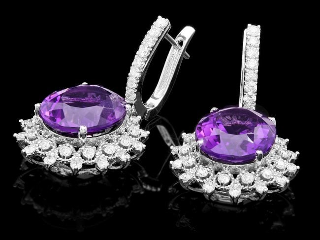14k Gold 15.00ct Amethyst 2.00ct Diamond Earrings: Retail: $8,700.00 ****** 14k Gold 15.00ct Amethyst 2.00ct Diamond Earrings ****** Metal: 14k Solid White Gold / Total Item Weight: 12.5 grams / Country Made: United States / / Main Stone: Amethyst / C