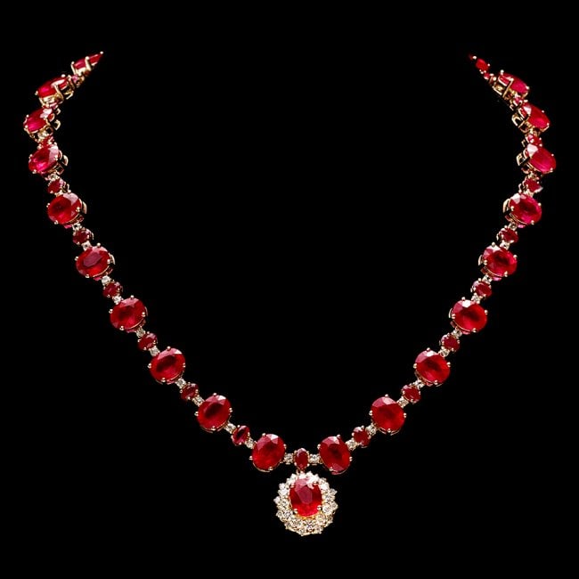 14k Gold 72.00ct Ruby 1.30ct Diamond Necklace: Retail: $38,250.00 ****** 14k Gold 72.00ct Ruby 1.30ct Diamond Necklace ****** Metal: 14k Solid Yellow Gold / Size: 17 / Total Item Weight: 50.0 grams / Country Made: United States / / Main Stone: Rub