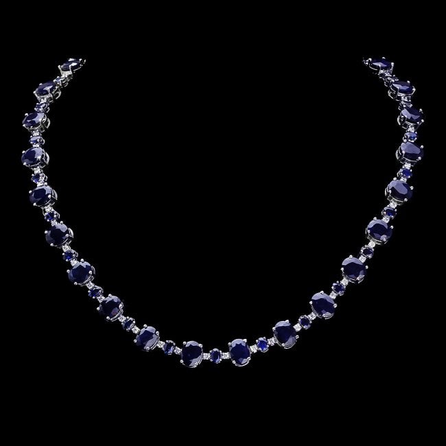 14k Gold 58ct Sapphire 1.80ct Diamond Necklace: Retail: $39,500.00 ****** 14k Gold 58ct Sapphire 1.80ct Diamond Necklace ****** Metal: 14k Solid White Gold / Size: 17 / Total Item Weight: 46.5 grams / Country Made: United States / / Main Stone: Sap
