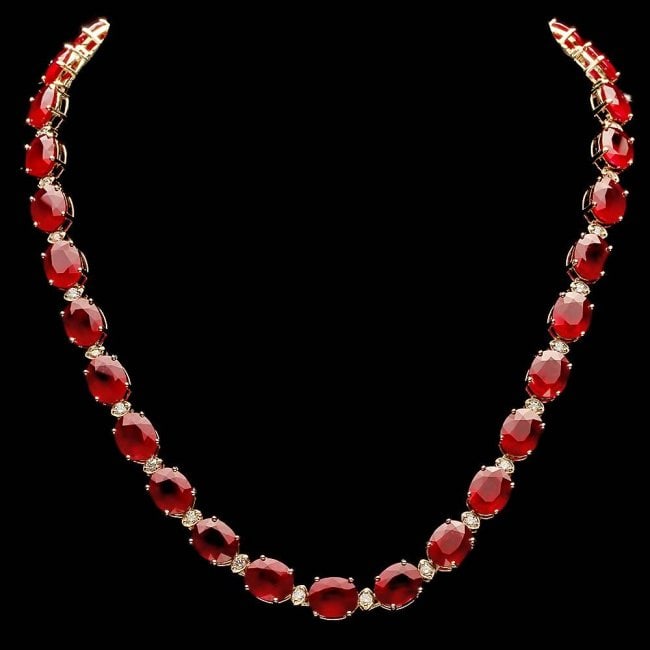 14k Gold 112.00ct Ruby 1.80ct Diamond Necklace: Retail: $28,500.00 ****** 14k Gold 112.00ct Ruby 1.80ct Diamond Necklace ****** Metal: 14k Solid Yellow Gold / Size: 17 / Total Item Weight: 55.0 grams / Country Made: United States / / Main Stone: Ru