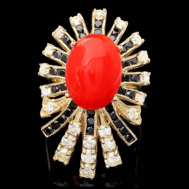 14k Yellow Gold 4.00ct Coral 1.40ct Diamond Ring: Retail: $16,750.00 ****** 14k Yellow Gold 4.00ct Coral 1.40ct Diamond Ring ****** Metal: 14k Solid Yellow Gold / Size: 7 / Total Item Weight: 9.5 grams / Country Made: United States / / Main Stone: