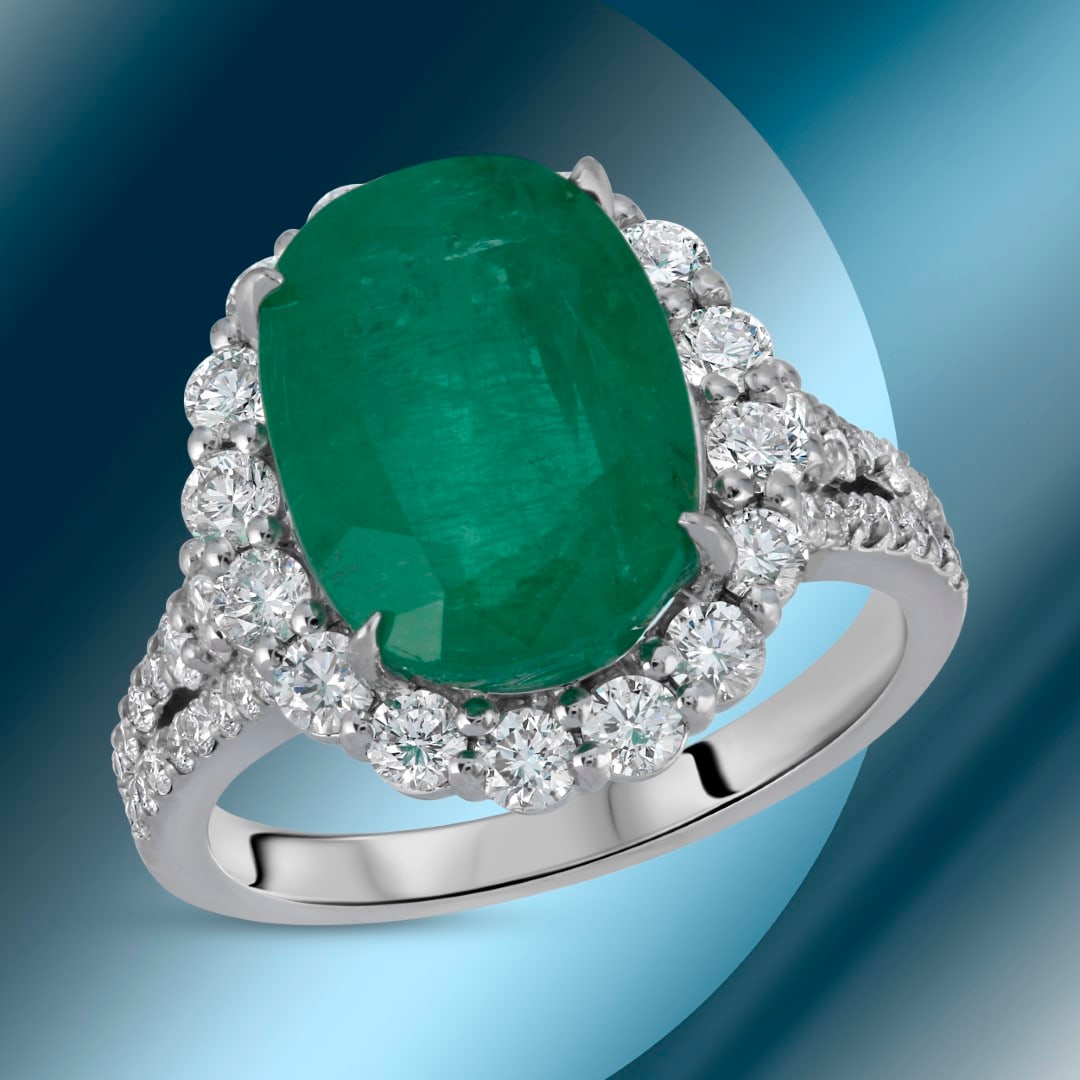 14K Gold 6.02cts Emerald & 1.22cts Diamond Ring: Retail: $35,216***** 14K Gold 6.02cts Emerald & 1.22cts Diamond Ring****** Metal: 14K White Gold/ Total Wt.: 6.5g / Country Made USA// Main Stone: Emerald / Carat Total Wt: 6.02cts / Treatment: None