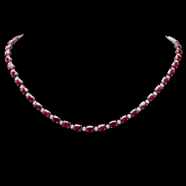14k Gold 37.00ct Ruby 1.70ct Diamond Necklace: Retail: $26,000.00 ****** 14k Gold 37.00ct Ruby 1.70ct Diamond Necklace ****** Metal: 14k Solid White Gold / Size: 17.5 / Total Item Weight: 24.5 grams / Country Made: United States / / Main Stone: