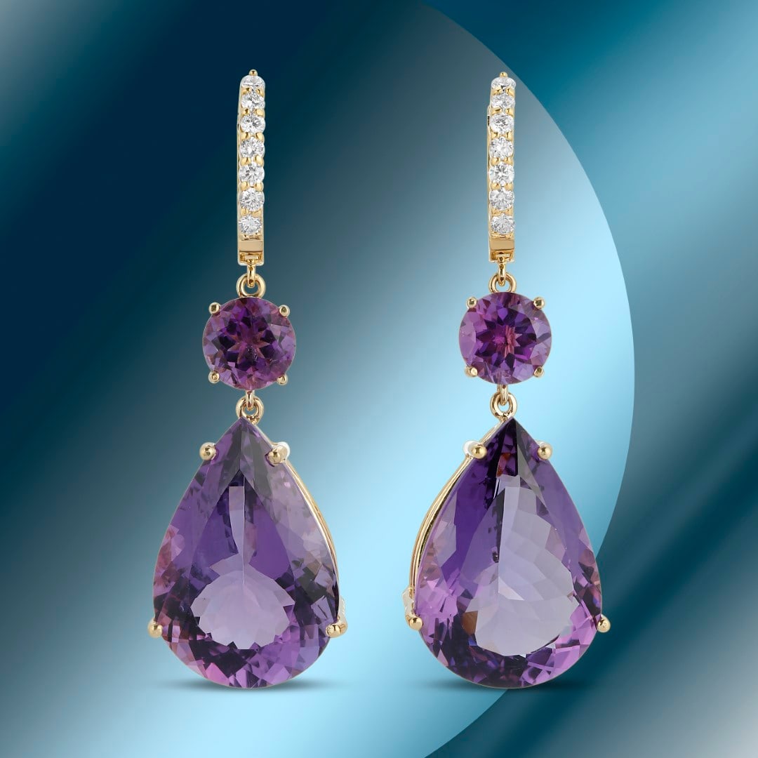 14K Gold 41.12cts Amethyst & 0.51cts Diamond Earrings: Retail: $11,427***** 14K Gold 41.12cts Amethyst & 0.51cts Diamond Earrings ****** Metal: 14K Yellow Gold/ Total Wt.: 17.4g/ Country Made USA// Main Stone: Amethyst / Carat Total Wt: 41.12cts /