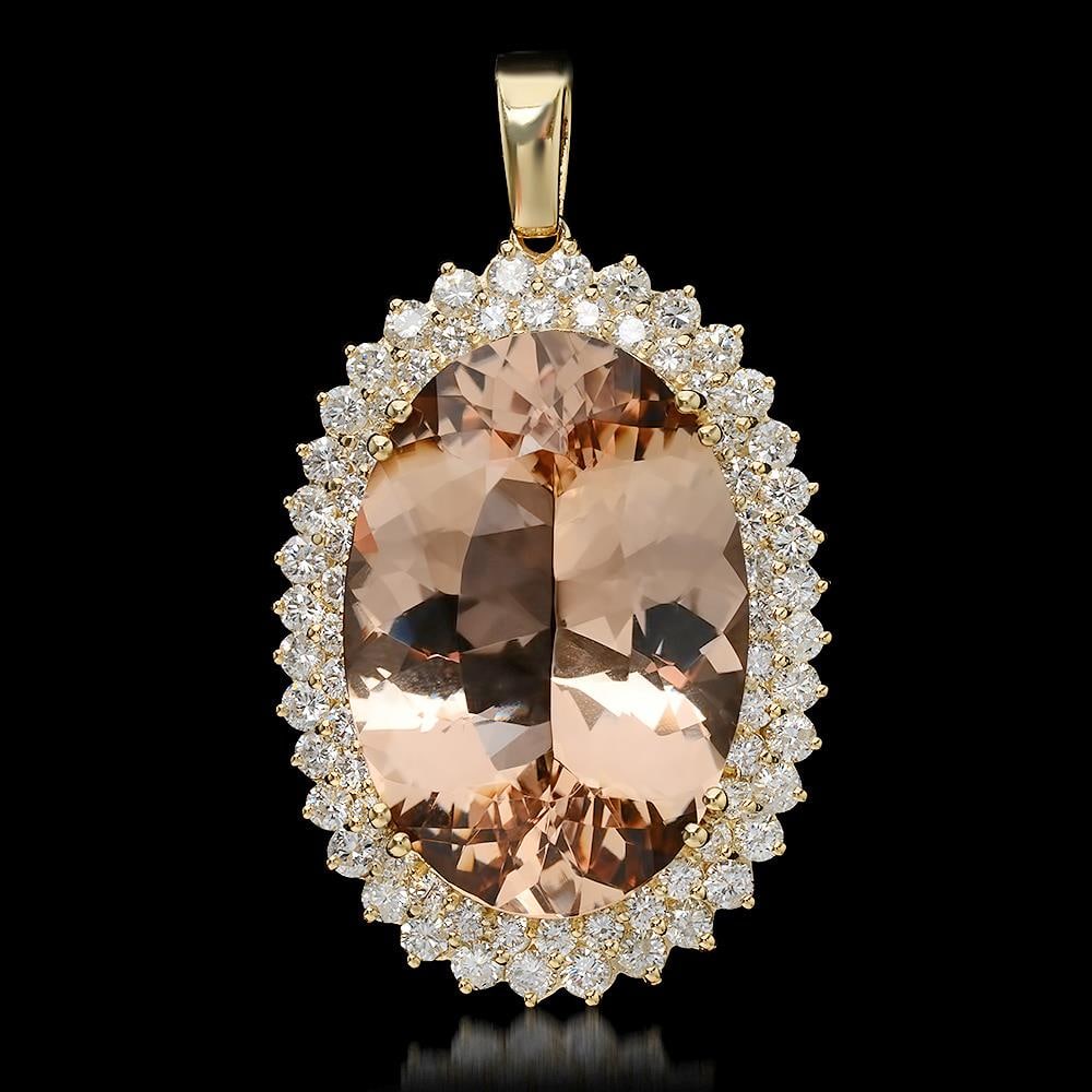 14K Gold 40.22ct Morganite 4.15ct Diamond Pendant: Retail: $36,480.00****** 14K Gold Morganite & Diamond Pendant ****** Metal: 14K Solid Gold / Total Item Weight: 20.6 grams / Country Made: United States / / Main Stone: Morganite / Color: Brownish Ora