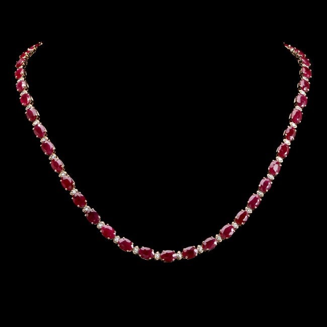 14k Gold 46.00ct Ruby 1.60ct Diamond Necklace: Retail: $22,500.00 ****** 14k Gold 46.00ct Ruby 1.60ct Diamond Necklace ****** Metal: 14k Solid Yellow Gold / Size: 17.25 / Total Item Weight: 24.30 grams / Country Made: United States / / Main Stone: