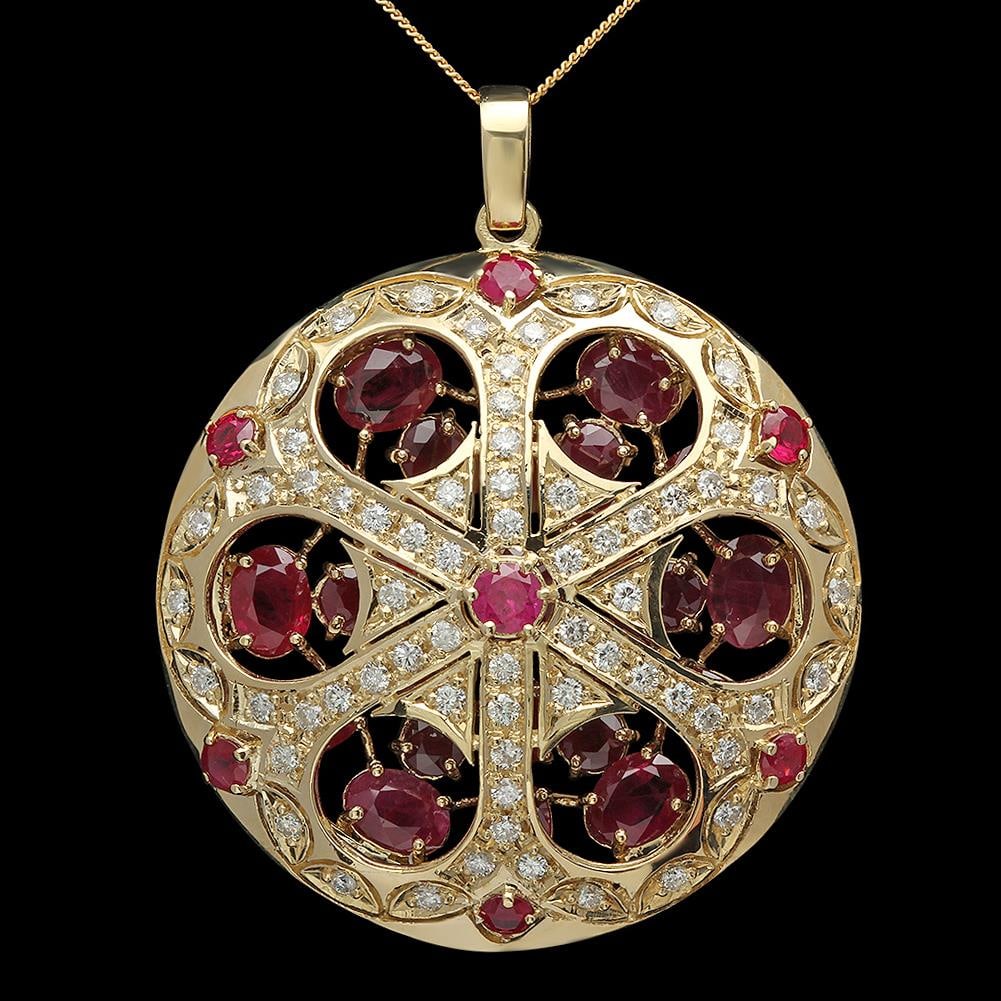 14K Gold 16.40ct Ruby 1.94ct Diamond Pendant: Retail: $19,872.00 ****** 14K Gold 16.40ct Ruby 1.94ct Diamond Pendant ****** Metal: 14K Solid Gold / Total Item Weight: 23.7 grams / Country Made: United States / / Main Stone: Ruby / Color: Red / Ca