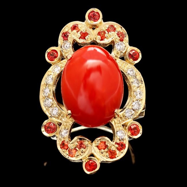 14k Yellow Gold 8.00ct Coral 0.70ct Diamond Ring: Retail: $11,500.00 ****** 14k Yellow Gold 8.00ct Coral 0.70ct Diamond Ring ****** Metal: 14k Solid Yellow Gold / Size: 6.75 / Total Item Weight: 10.5 grams / Country Made: United States / / Main Stone