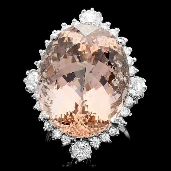 14k Gold 35.00ct Morganite 1.85ct Diamond Ring: Retail: $28,600.00 ****** 14k Gold 35.00ct Morganite 1.85ct Diamond Ring ****** Metal: 14k Solid White Gold / Size: 7.25 / Total Item Weight: 15.0 grams / Country Made: United States / / Main Stone: M