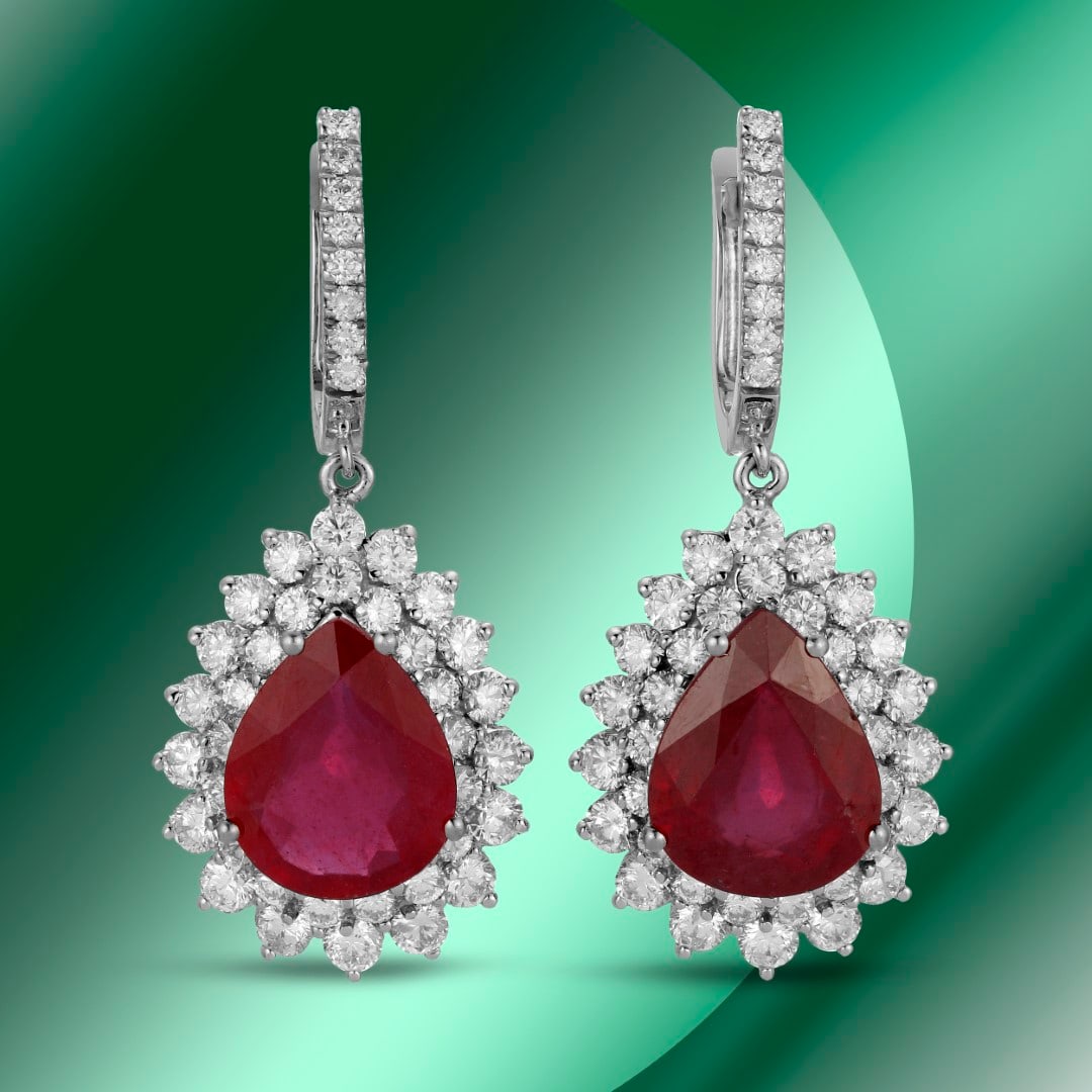 14K Gold 14.26cts Ruby & 5.41cts Diamond Earrings: Retail: $28,573***** 14K Gold 14.26cts Ruby & 5.41cts Diamond Earrings****** Metal: 14K White Gold/ Total Wt.: 18.0g/ Country Made USA// Main Stone: Ruby / Carat Total Wt: 14.26cts / Treatment: