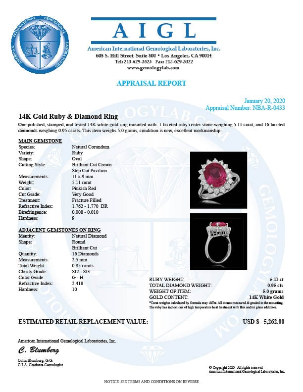 14K Gold 5.11ct Ruby 0.95ct Diamond Ring - 5