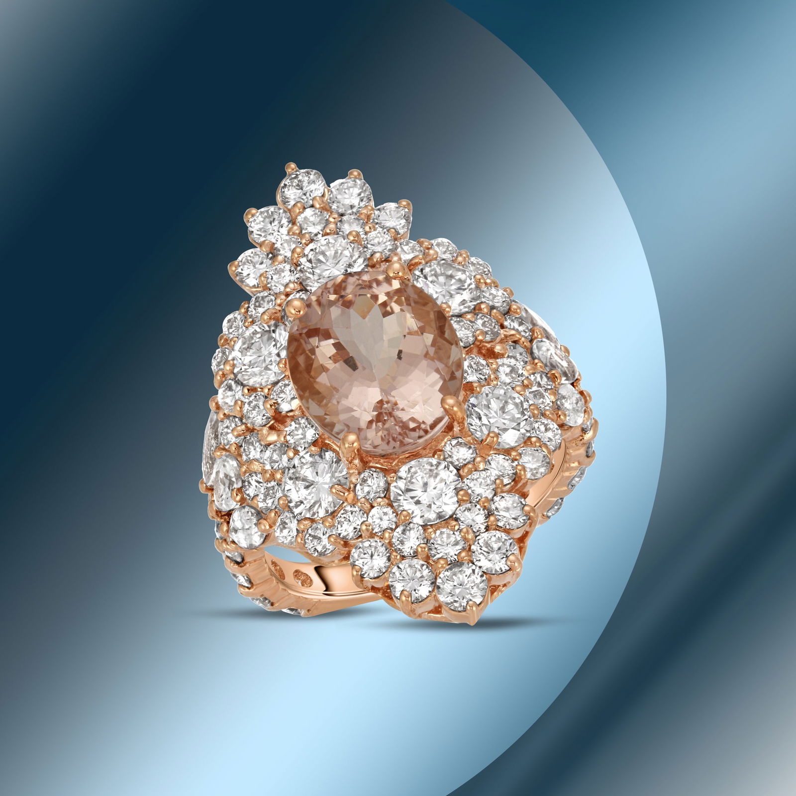 14K Gold 3.88cts Morganite, 0.85cts Sapphire & 4.51cts Diamond Ring: Retail: $15,250***** 14K Gold 3.88cts Morganite, 0.85cts Sapphire & 4.51cts Diamond Ring****** Metal: 14K Rose Gold/ Total Wt.: 9.3g/ Country Made USA// Main Stone: Morganite/ Carat Total Wt: 3.88cts