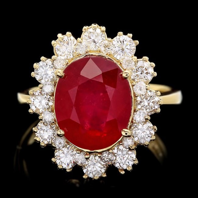 14k Yellow Gold 5.50ct Ruby 1.30ct Diamond Ring: Retail: $8,300.00 ****** 14k Yellow Gold 5.50ct Ruby 1.30ct Diamond Ring ****** Metal: 14k Solid Yellow Gold / Size: 7 / Total Item Weight: 6.0 grams / Country Made: United States / / Main Stone: Ruby