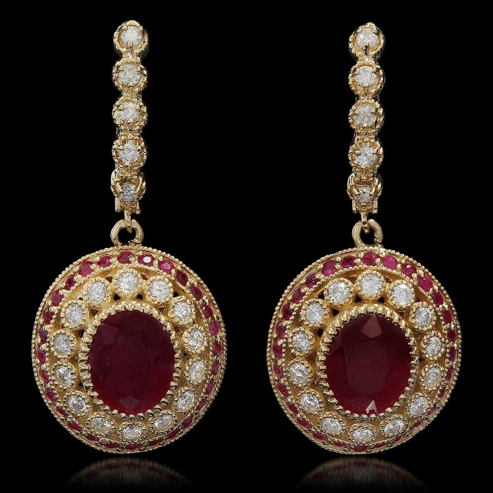 14K Gold 6.70ct Ruby 1.20ct Diamond Earrings: Retail: $8,938.00 ****** 14K Gold 6.70ct Ruby 1.20ct Diamond Earrings ****** Metal: 14K Solid Gold / Total Item Weight: 13.4 grams / Country Made: United States / / Main Stone: Ruby / Color: Red / Car