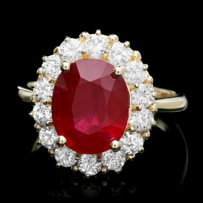 14k Yellow Gold 5.50ct Ruby 1.30ct Diamond Ring: Retail: $7,100.00 ****** 14k Yellow Gold 5.50ct Ruby 1.30ct Diamond Ring ****** Metal: 14k Solid Yellow Gold / Size: 7.5 / Total Item Weight: 5.5 grams / Country Made: United States / / Main Stone: Ru