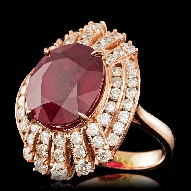 14k Rose Gold 11.00ct Ruby 2.10ct Diamond Ring: Retail: $19,400.00 ****** 14k Rose Gold 11.00ct Ruby 2.10ct Diamond Ring ****** Metal: 14k Solid Rose Gold / Size: 7.25 / Total Item Weight: 9.4 grams / Country Made: United States / / Main Stone: Rub