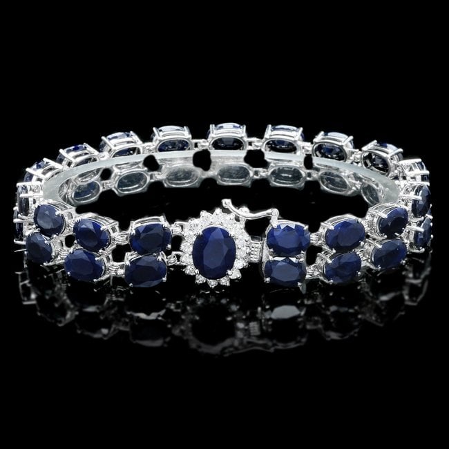 14k Gold 53.5ct Sapphire 0.55ct Diamond Bracelet: Retail: $18,400.00 ****** 14k Gold 53.5ct Sapphire 0.55ct Diamond Bracelet ****** Metal: 14k Solid White Gold / Size: 7.75 / Total Item Weight: 28.5 grams / Country Made: United States / / Main Stone: