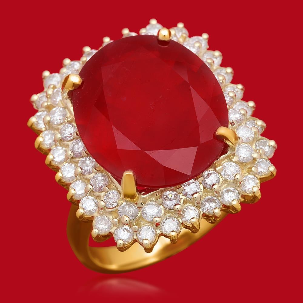 14K Gold 14.12ct Ruby 1.74ct Diamond Ring: Retail: $9,810.00 ****** 14K Gold 14.12ct Ruby 1.74ct Diamond Ring ****** Metal: 14K Solid Gold / Total Item Weight: 11.7 grams / Country Made: United States / / Main Stone: Ruby / Color: Red / Carat