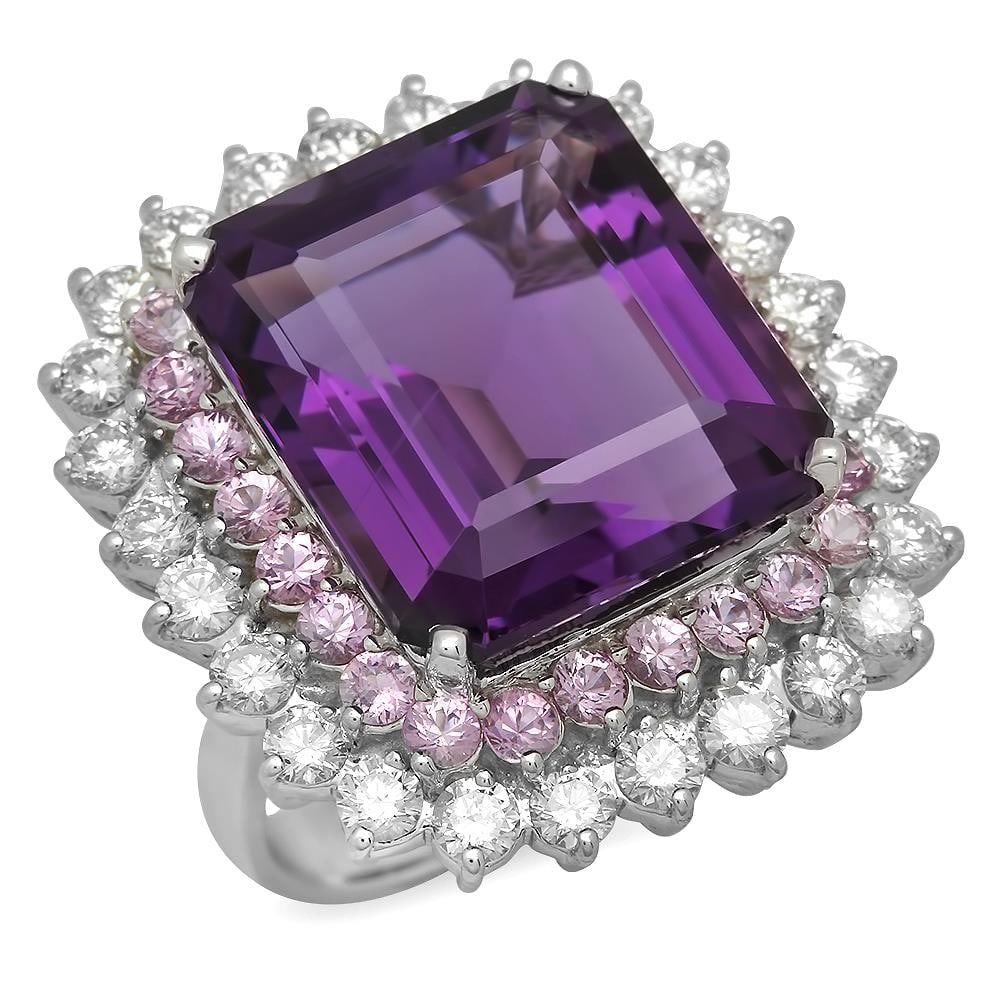 14K Gold 20.11ct Amethyst 1.96ct Sapphire 2.39ct Diamond Ring: Retail: $13,100.00 ****** 14K Gold 20.11ct Amethyst 1.96ct Pink Sapphire 2.39ct Diamond Ring ****** Metal: 14K Solid Gold / Total Item Weight: 16.0 grams / Country Made: United States / / Main Stone: