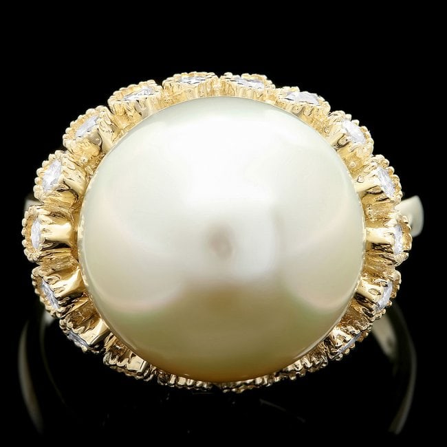 14k Yellow Gold 13mm Pearl 0.75ct Diamond Ring (1 of 4)