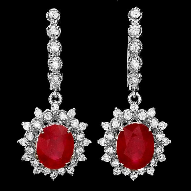 14k Gold 8.00ct Ruby 1.40ct Diamond Earrings: Retail: $12,600.00 ****** 14k Gold 8.00ct Ruby 1.40ct Diamond Earrings ****** Metal: 14k Solid White Gold / Total Item Weight: 8.5 grams / Country Made: United States / / Main Stone: Ruby / Color: Red