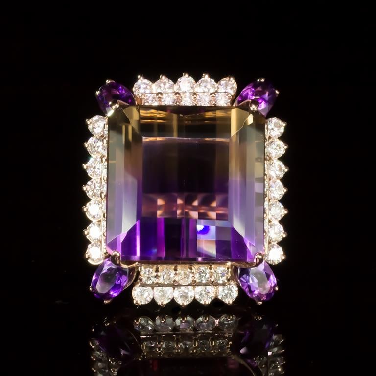 14K Gold 26.70 Ametrine, 2.28ct Amethyst 2.17ct Diamond Ring: Retail: $17,145.00 ****** Ametrine, Amethyst & Diamond Ring ****** Metal: 14K Solid Rose Gold / Total Item Weight: 16.4 grams / Country Made: United States / / Main Stone: Amertrine / Color: Purple -