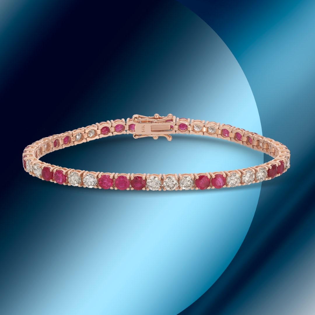 14K Gold 7.8ctc Ruby & 3.98ctc Diamond Bracelet: Retail: $26,830*****14K Gold Ruby & Diamond Bracelet*****Metal: 14K Rose Gold/ Total Wt.: 11.9g / Country Made US// Main Stone: Ruby / Carat Total Wt.: 7.08cts / Treatment: Heat with Residues / Color: