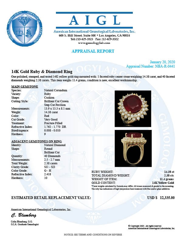 14K Gold 14.38ct Ruby 2.38ct Diamond Ring - 5