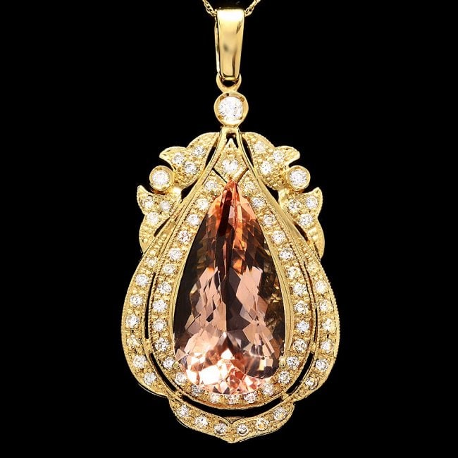 14k Gold 18ct Morganite 1.6ct Diamond Pendant: Retail: $22,500.00 ****** 14k Gold 18ct Morganite 1.6ct Diamond Pendant ****** Metal: 14k Solid Yellow Gold / Size: 16 / Total Item Weight: 13.5 grams / Country Made: USA / / Main Stone: Morganite / C