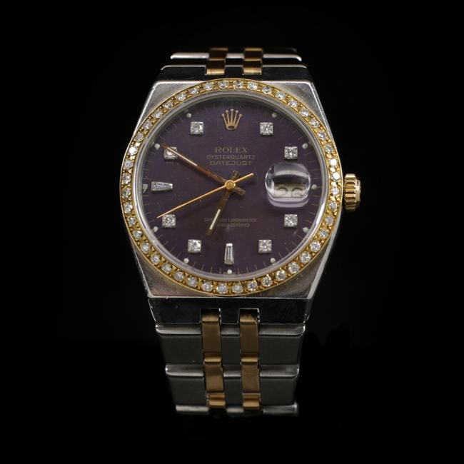 Rolex DateJust Two-Tone Quartz Model 36mm Custom Diamond Bezel Men's Wristwatch: ****** Rolex DateJust Two-Tone Quartz Model 36mm Custom Diamond Bezel Men's Wristwatch ****** One Mens, Rolex DateJust 36mm Purple Diamond Dial Custom Diamond Bezel Mens Wristwatch Stainless Steel ele