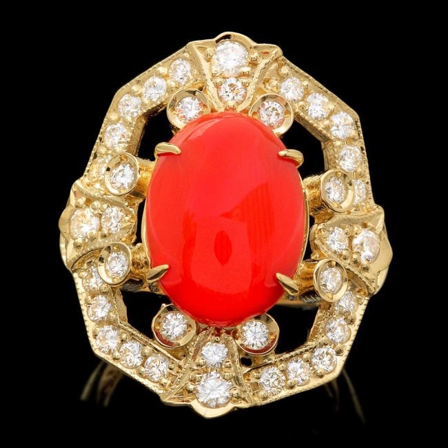 14k Yellow Gold 4.60ct Coral 1.30ct Diamond Ring: Retail: $11,800.00 ****** 14k Yellow Gold 4.60ct Coral 1.30ct Diamond Ring ****** Metal: 14k Solid Yellow Gold / Size: 7 / Total Item Weight: 10.0 grams / Country Made: United States / / Main Stone: C