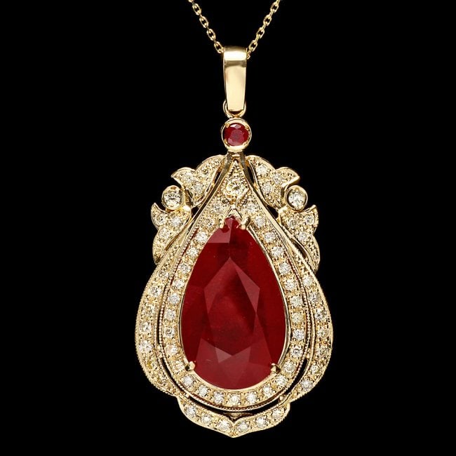 14k Gold 20.15ct Ruby 1.45ct Diamond Pendant: Retail: $17,640.00 ****** 14k Gold 20.15ct Ruby 1.45ct Diamond Pendant ****** Metal: 14k Solid Yellow Gold / Size: 16 / Total Item Weight: 14.5 grams / Country Made: United States / / Main Stone: Ruby