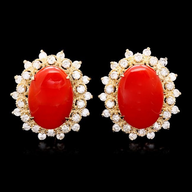 14k Gold 8.00ct Coral 1.50ct Diamond Earrings: Retail: $11,500.00 ****** 14k Gold 8.00ct Coral 1.50ct Diamond Earrings ****** Metal: 14k Solid Yellow Gold / Total Item Weight: 7.5 grams / Country Made: United States / / Main Stone: Coral / Color: