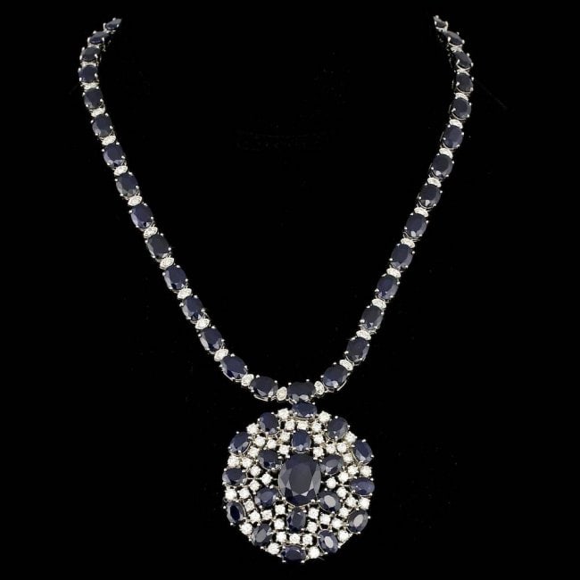 14k Gold 82ct Sapphire 6.20ct Diamond Necklace: Retail: $64,800.00 ****** 14k Gold 82ct Sapphire 6.20ct Diamond Necklace ****** Metal: 14k Solid White Gold / Size: 17 / Total Item Weight: 59.0 grams / / Main Stone: Sapphire / Color: Blue / Carat To