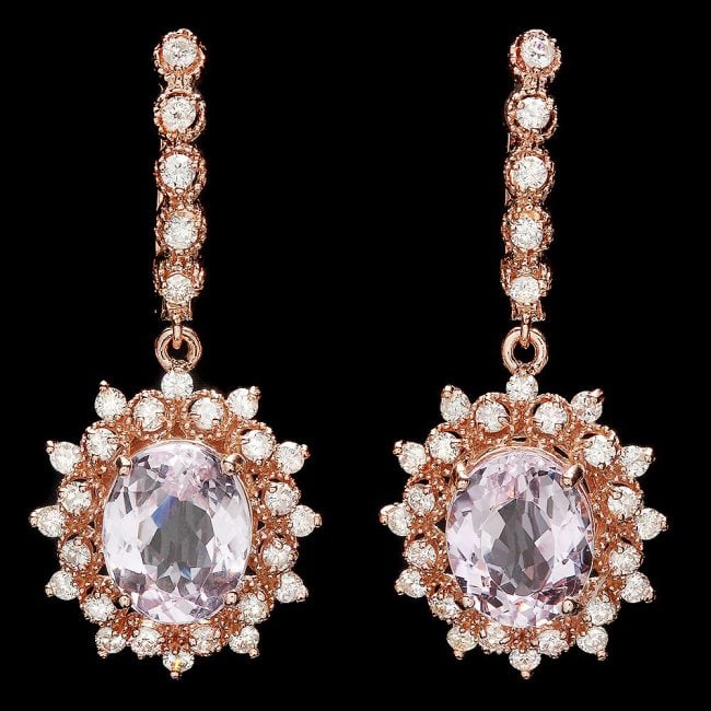 14k Rose 8.00ct Kunzite 1.70ct Diamond Earrings: Retail: $12,400.00 ****** 14k Rose 8.00ct Kunzite 1.70ct Diamond Earrings ****** Metal: 14k Solid Rose Gold / Total Item Weight: 9.5 grams / Country Made: United States / / Main Stone: Kunzite / Color