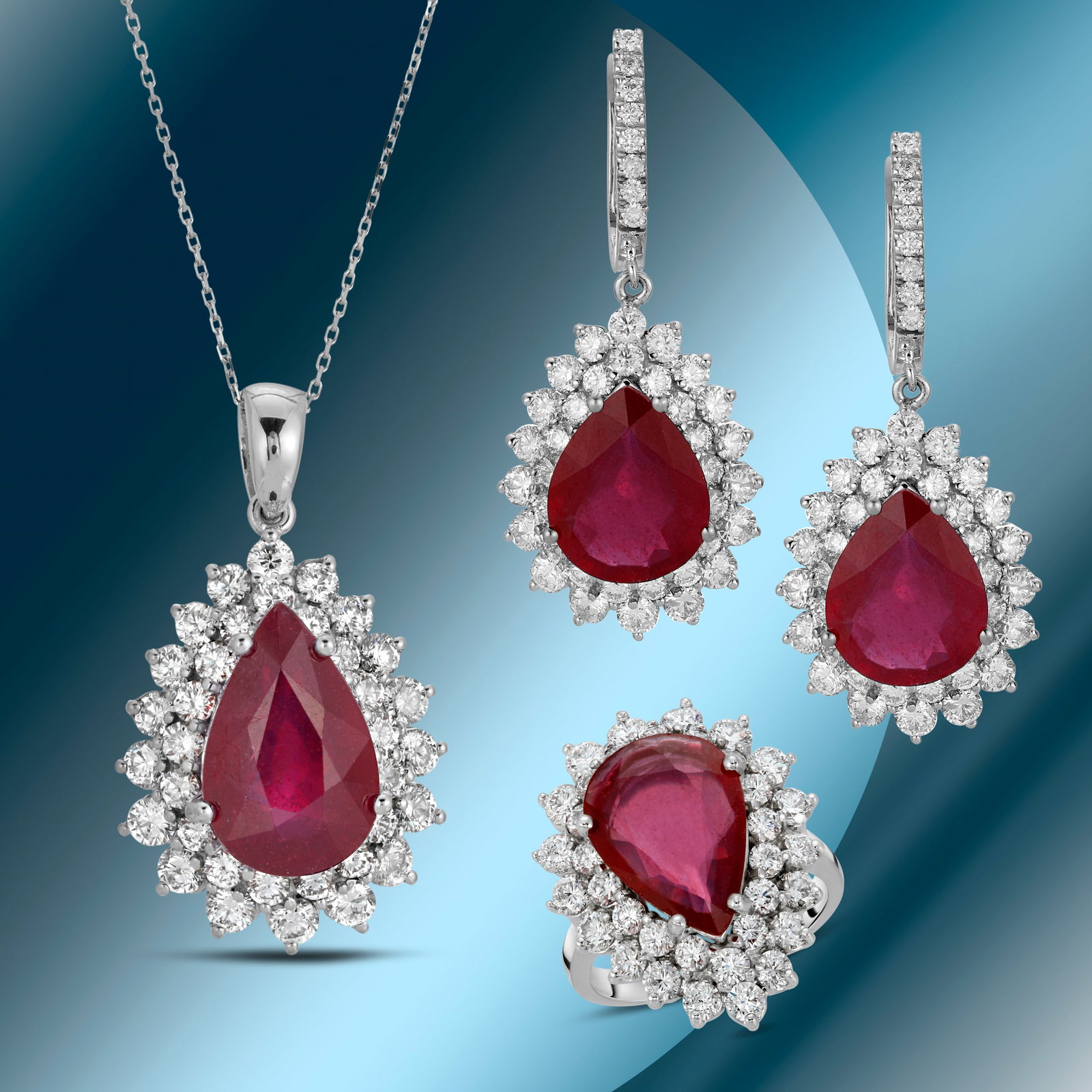 14K Gold Ruby & Diamond Ring, Earrings and Pendant Set: Retail: $53,287*****14K Gold Ruby & Diamond Ring, Earrings and Pendant Set*****Metal: 14K White Gold/ Total Wt.: 35.8g/ Country Made US// Main Stone: Ruby / Carat Total Wt.: 25.52cts / Treatment: Frac