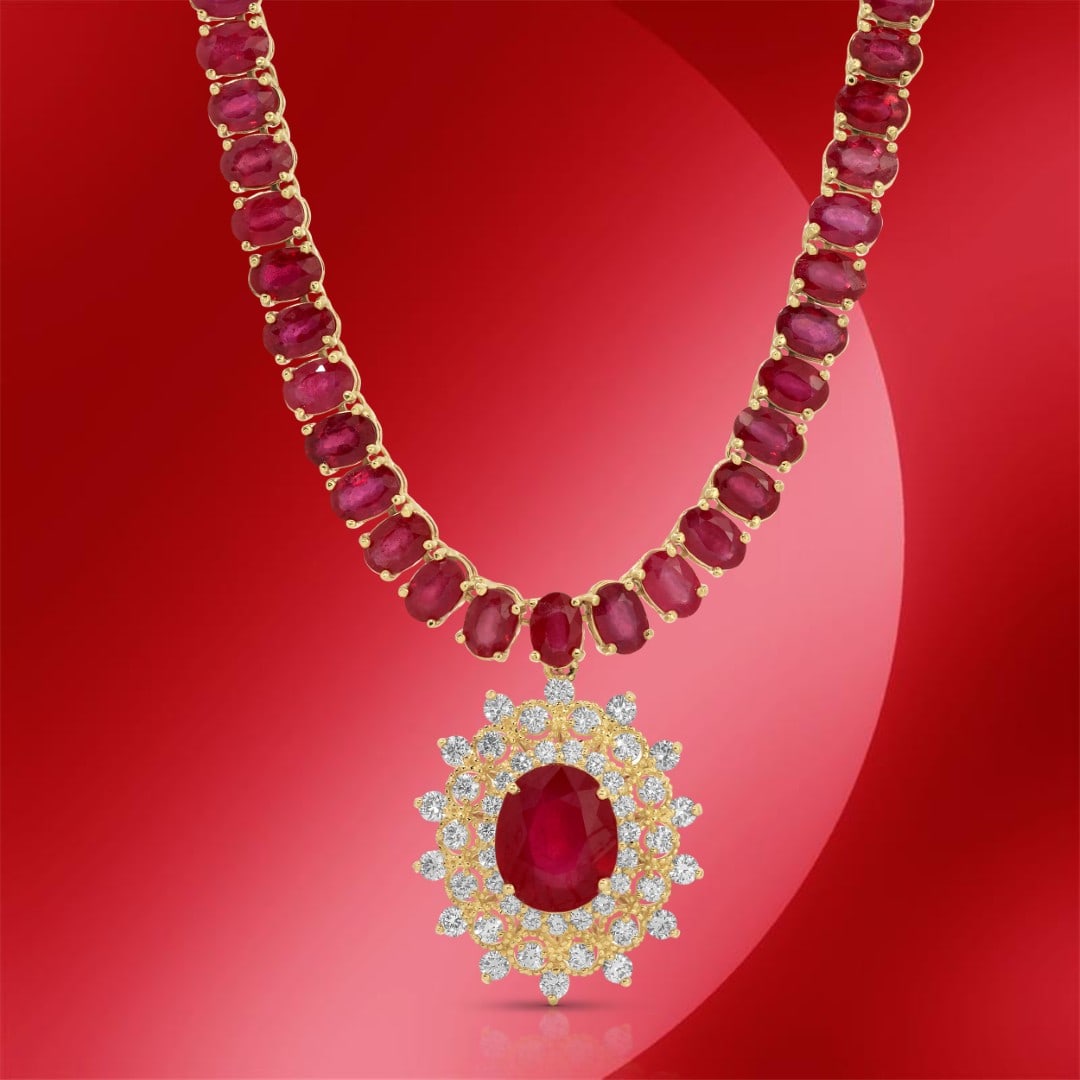 14K Gold 49.78cts Ruby & 1.32cts Diamond Necklace: Retail: $46,248*****14K Gold Ruby & Diamond Necklace*****Metal: 14K Yellow Gold/ Total Wt.: 40.4g / Country Made US// Main Stone: Ruby / Carat Total Wt.: 49.78cts / Treatment: Fracture Filled / Color: