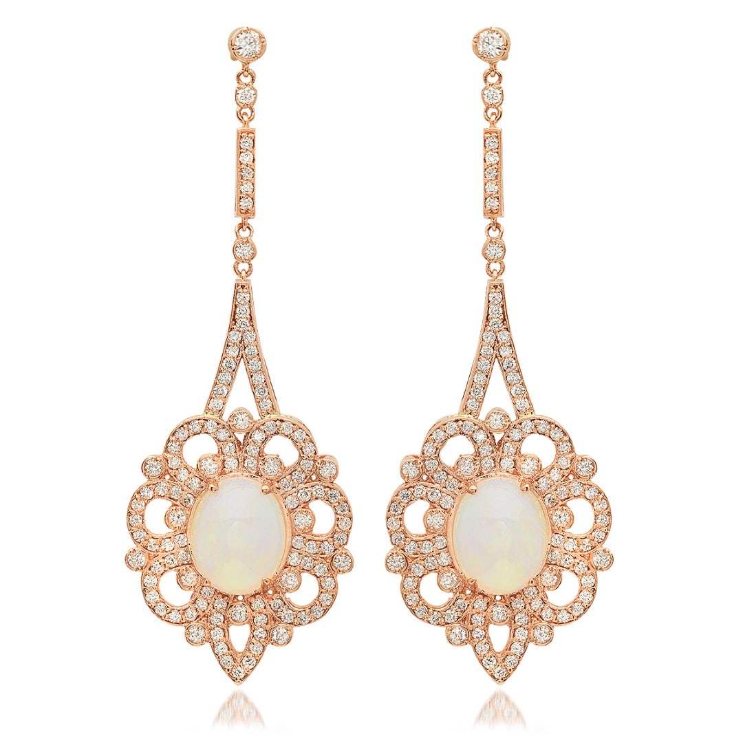 14K Rose Gold, 6.00cts Opal, 2.65cts Diamond Earring: Retail: $23,787.00****** 14K Rose Gold, 6.00cts Opal, 2.65cts Diamond Earring******* Metal: 14K Rose Gold/ Country Made USA// Main Stone: Opal/ Adjacent Stone: Diamond/ Main Stone Wt.: 6.00cts/ Adjace
