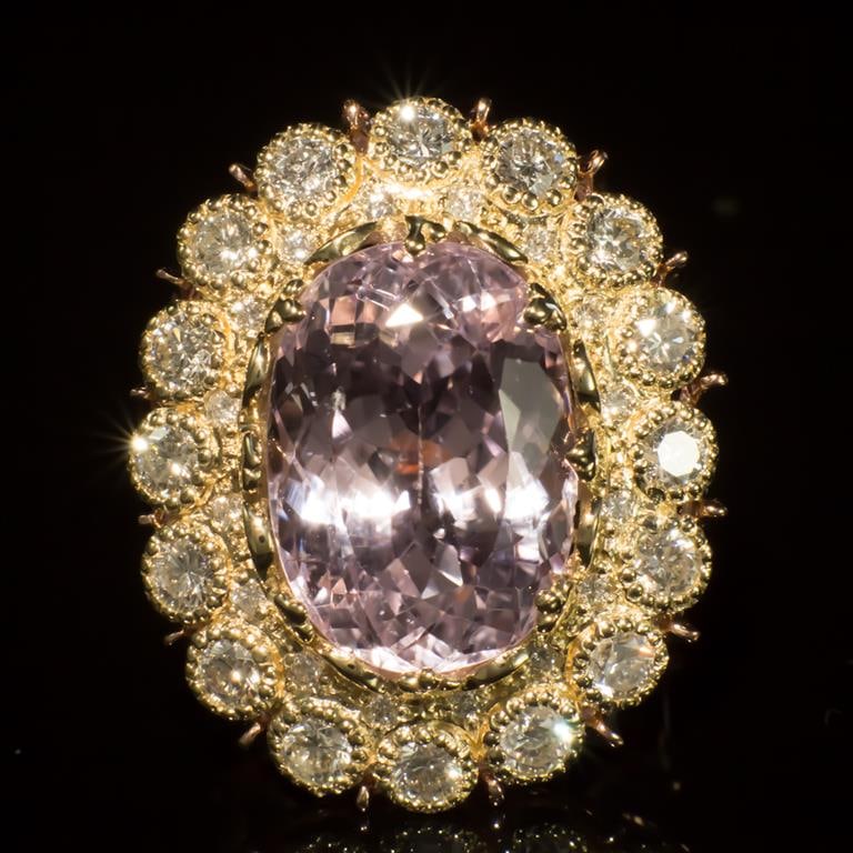 14K Gold 19.68ct Kunzite 2.75ct Diamond Ring: Retail: $27,695.00 ****** Kunzite & Diamond Ring ****** Metal: 14K Solid Gold / Total Item Weight: 15.2 grams / Country Made: United States / / Main Stone:Kunzite / Color: Pink / Carat Total Weight: 1